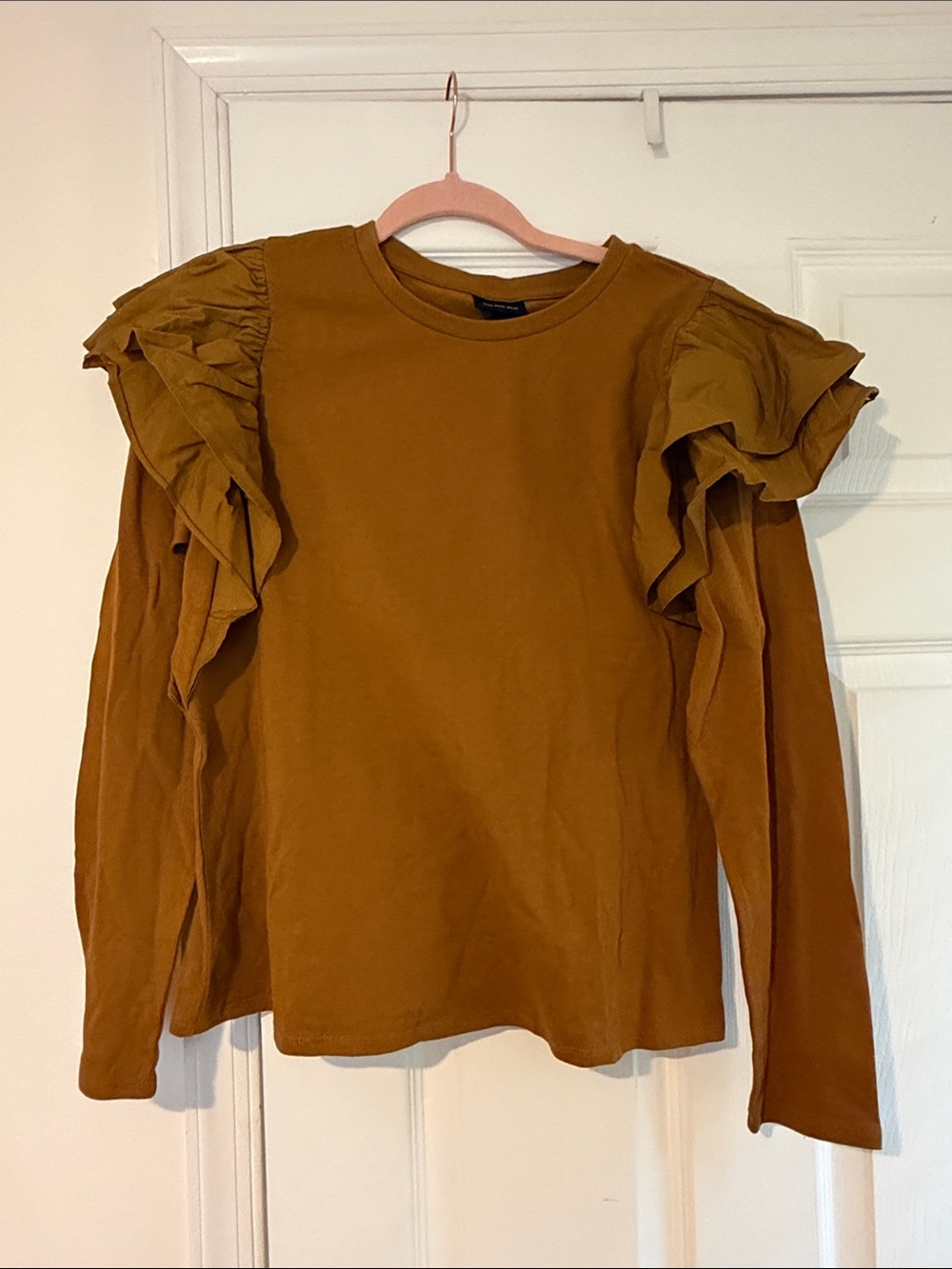 Who What Wear Mustard Ruffle-Shoulder Long Sleeve Top